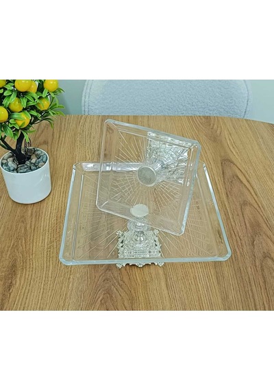 Elta Collection Paşabahçe Gümüş 2 Li Kare Döküm Ayaklı Pasta Sunumluk Kurabiyelik Gümüş