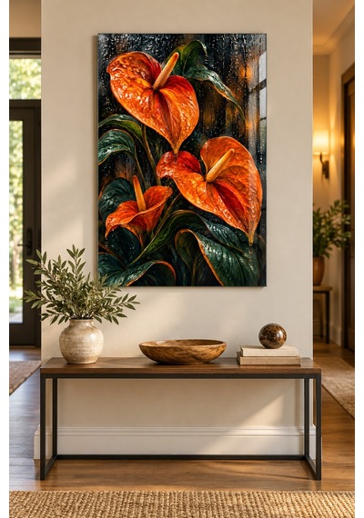 Ateş Turuncusu Anthurium Çiçekli Cam Tablo - Uv Baskı Dekoratif Duvar Tablosu