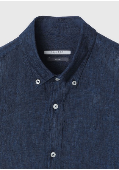 Ramsey İndigo Düz Casual Fit Uzun Dokuma Casual %100 Keten Gömlek