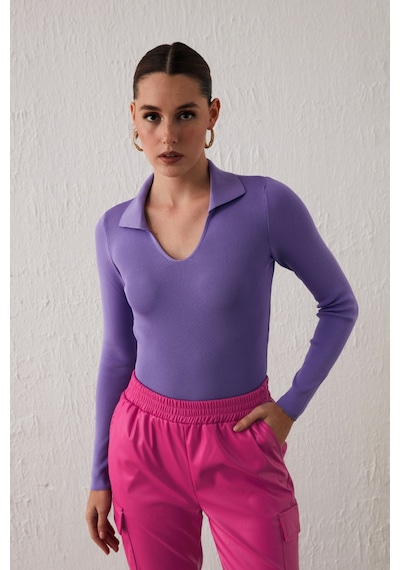 Sateen Polo Yaka Triko - Lila-132055 Lila