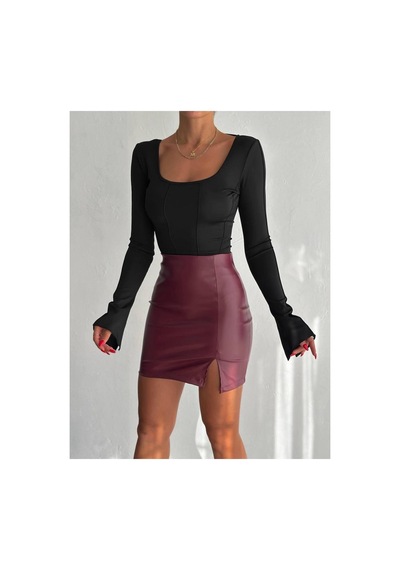 Luka Suni Deri Kumaş Beli Lastikli Yırtmaçlı Tasarım Siyah Renk Mini Etek Bordo - 791366495 Bordo