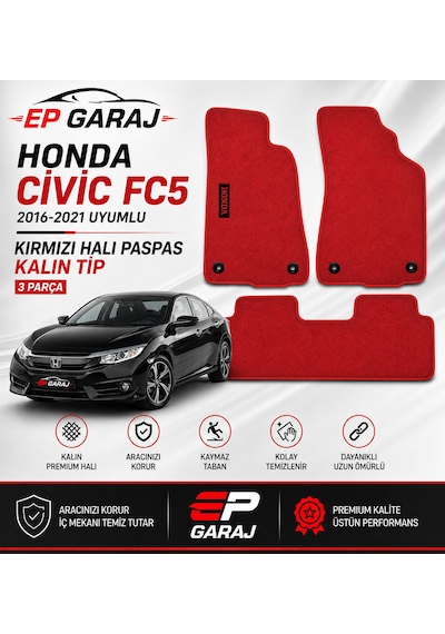 Honda Civic Fc5 2016-2021 Uyumlu Kırmızı Halı Paspas Takımı 3 Parça Kalın Tip