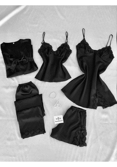 Mh Moony Homewears Kutulu Beşli Saten Reverso Black Çeyiz Seti Siyah