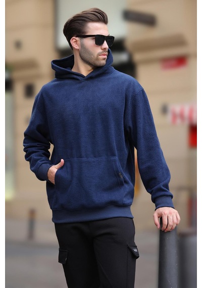 Madmext Lacivert Kapüşonlu Cep Detaylı Polar Erkek Sweatshirt 7093 Lacivert