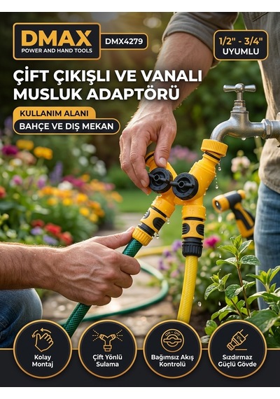 Dmax Çift Çıkışlı Vanalı Musluk Adaptörü 1/2-3/4