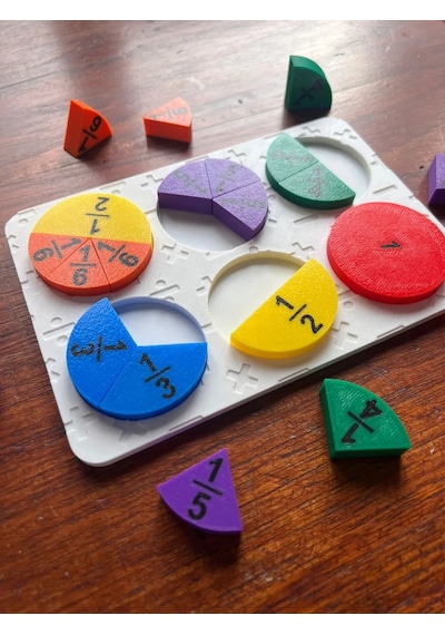 3d Baskı Kesirler Öğretim Seti - Eğitici Ahşap Görünümlü Matematik Puzzle, Kesir Öğrenme Materyali 6 Daire, 24 Parça