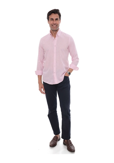 Slim Fit Uzun Kol Yaka Düğmeli Nefes Alan Keten Hediye Kutulu Erkek Gömlek Fs-004548 - Pembe-3234
