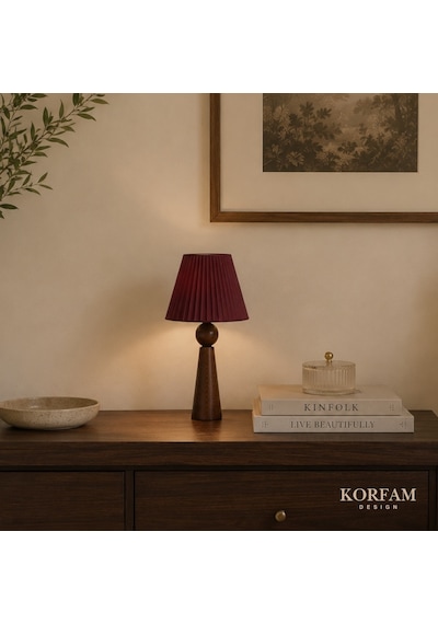 Bordo Keten Kumaş Başlıklı Ahşap Abajur Çok Renkli