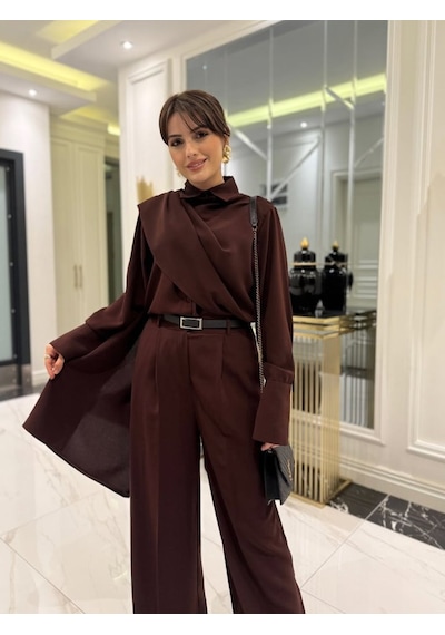 Efnaz Style Kadın Uzun Kollu Şal Detaylı Bluz Ve Pantolon Ikili Takım Kemer Dahil Değil Kahve