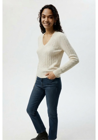 Youknitwear You Rio V Yaka %100 Pamukkadın Kazak Ekru