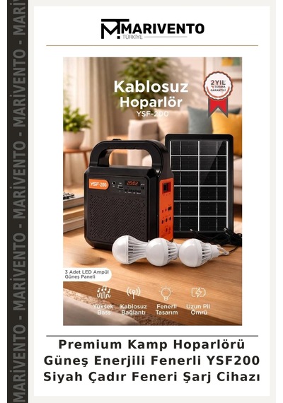 Premium Kamp Hoparlörü Güneş Enerjili Fenerli Ysf200 Siyah Çadır Feneri Şarj Cihazı