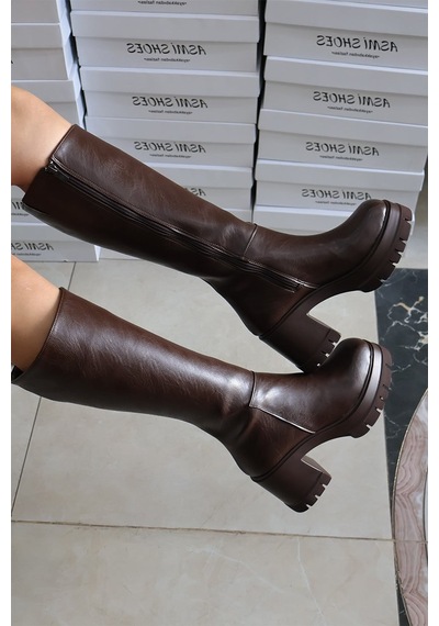 Asmi Shoes Kadın Fenni Deri Kahverengi 8 Cm Topuklu Yandan Fermuarlı Çizme