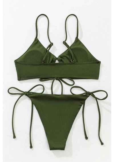 Angelsin Rib Dokulu Ön Ve Yan Bağcık Detaylı İpli Brezilya Bikini Takımı Yeşil