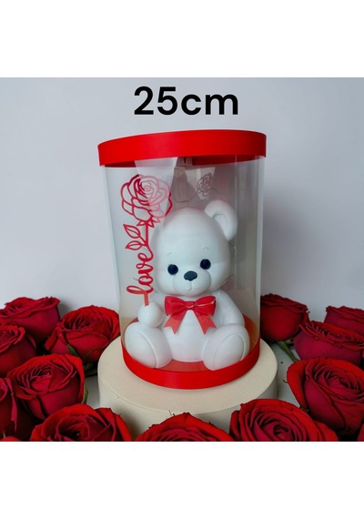 Işıklı Güllü Ayıcık Biblo - Beyaz - 25cm Kutulu