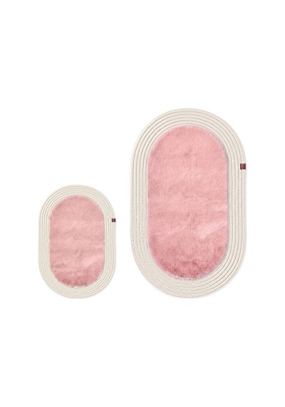 Banyo Paspası Takımı 60x100+40x60 Cm Düz Pembe & Krem
