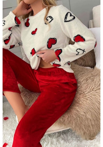 Merry See Kalp Baskılı Peluş Polar Alt Üst Uzun Kollu Pijama Takımı 001