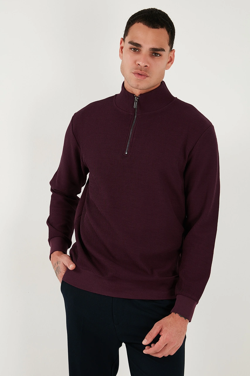 Buratti Pamuklu Regular Fit Yarım Fermuarlı Dik Yaka 2'Li Paket Erkek Sweat 5905716S2 Koyu Vizon-Vişne