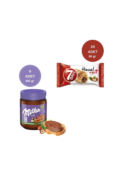 7 Days Kakaolu Fındık Kremalı Kruvasan 60gr 24 Adet + Milka Sürülebilir Çikolata Kakaolu Fındık Ezmesi 6 Adet