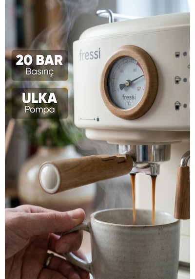 Fressi Mavera Ahşap Detaylı Espresso Kahve Makinesi 20 Bar Em-411 Krem