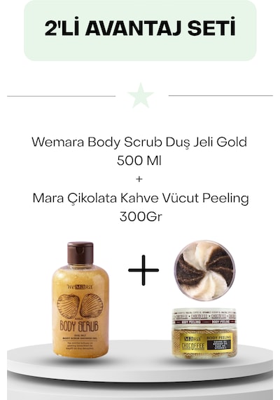 Wemara Body Scrub Duş Jeli Gold 500 Ml + Çikolata Kahve Vücut Peeling 300gr Diğer