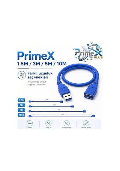 Primex Px-1705 5 Metre Usb 3.0 Uzatma Kablosu, Usb Erkek Dişi Ek Kablosu, Mavi Usb A Male To Female Extension Cable