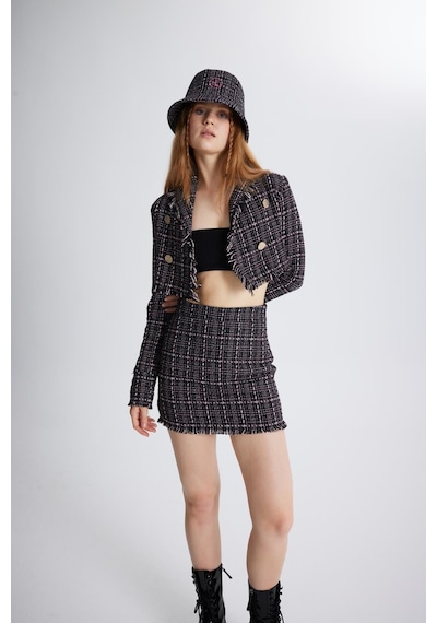 Holly Lolly Tüvit Kumaş Crop Tweed Ceket Siyah
