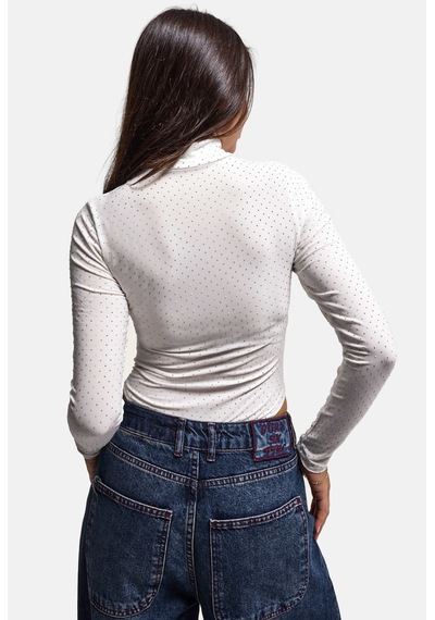 Kadın Beyaz W6-101 Çıt-çıtlı Parlak Taşlı Uzun Kol Esnek Kumaş Tasarım Body
