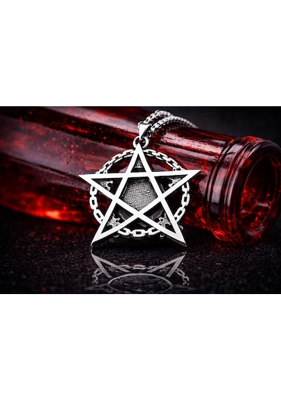 Paslanmaz Çelik Okült Sembollü Erkek Gotik Kurukafa Pentagram Kolye Çelik
