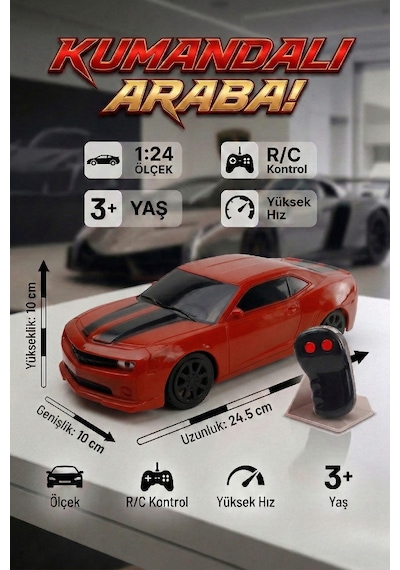 Uzaktan Kumandalı Araba 1:24 Ölçek Yarı Fonksiyonlu İleri Geri Hareketli Oyuncak Spor Araba Kırmızı Camaro