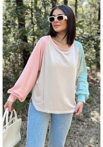 WeShaya Kadın Bej Uzun Balon Kol, Yuvarlak Yaka, Kolları Double Color Block Basic Sweatshirt Bluz Bej