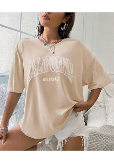Kozia Outdoors Malkoçbey Los Angeles Baskili Oversize Unisex Basic T-shirt Bej