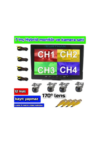7'' Ekran + 4 Ad 170'' Geniş Açılı Kamera Seti Kayıt Yapmaz 12 V