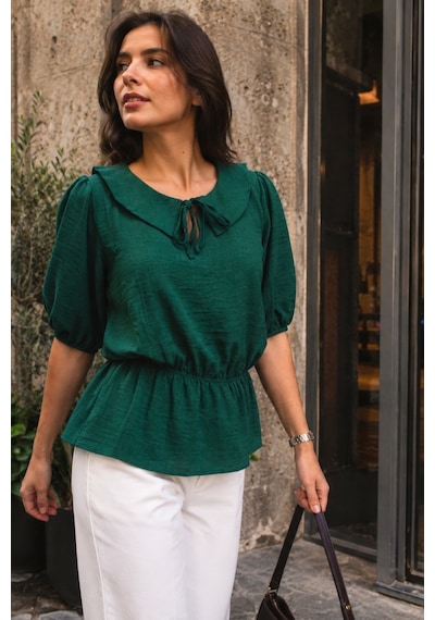Armonika Kadın Koyu Yeşil Bebe Yaka Beli Ve Kolları Lastikli Bluz Arm-26y001101