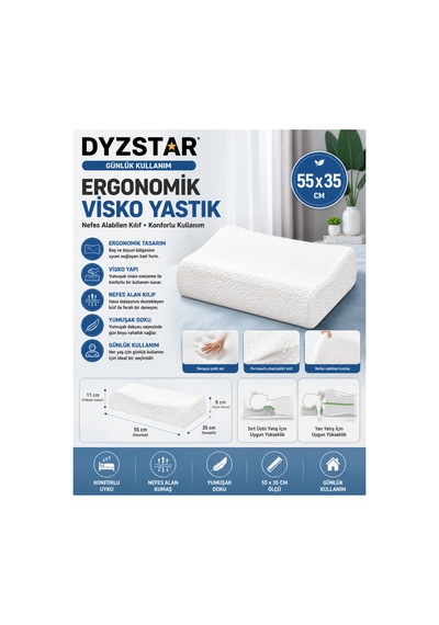 Dyzstar Ergonomik Visko Boyun Yastığı 55x35 Cm Nefes Alabilen Kılıflı Konforlu Uyku Yastığı Beyaz Beyaz