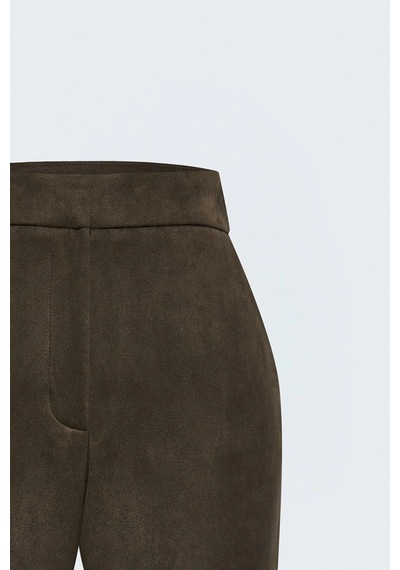 Sateen Yuksek Bel Boru Paça Süet Pantolon Kahverengi