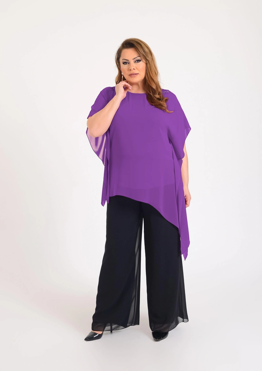 Lilas Xxl Büyük Beden Mürdüm Renkli Asimetrik Kesim Şifon Bluz Koyu Mürdüm