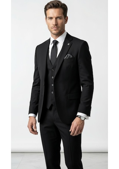 Erkek 3 Parça Slim Fit Takım Elbise Klasik Likralı Kumaş, Tek Düğme, Çift Yırtmaçlı Modern Kesim Ceket Yelek Pantolon Siyah