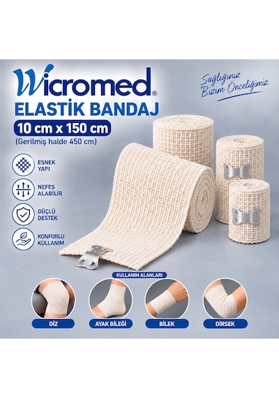 Wicromed Elastik Bandaj 10cmx150 Cm Metal Klipsli Esnek Destek Bandajı 15 Adet