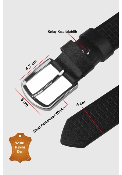 Rizzup Erkek Siyah Kare Desenli Hakiki Deri 4 Cm Kemer Spor Günlük Model Kemer 2402620