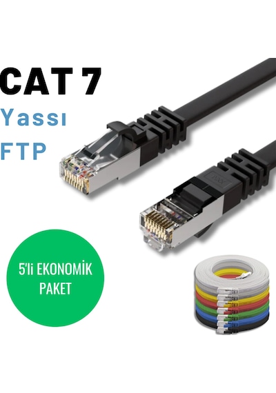5 Adet 5 Metre Siyah Cat7 Yassı Ftp Ethernet Network İnternet Kablosu