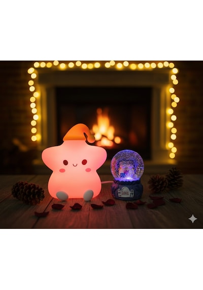 2 Li Sevgiliye Romantik Hediye Seti Slikon Yıldız Renkli Led Gece Lambası Ve 9cm Mor Kar Küresi Seti Set