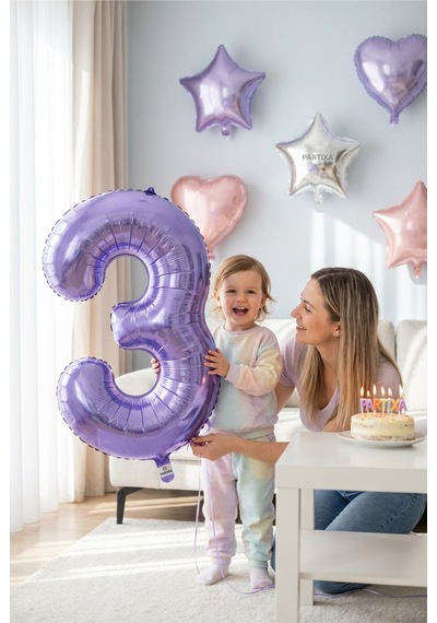 32 İnç Mor Rakam 3 Folyo Balon Çok Renkli