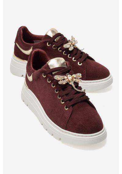 Luvi Shoes Venosa Bordo Süet Hakiki Deri Yusufçuk Tokalı Kadın Günlük Spor Ayakkabı
