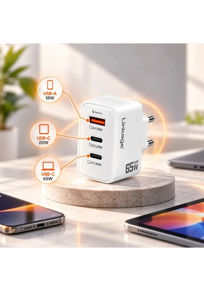 Linkage Lkc-61 Gan 65w Hızlı Şarj Adaptörü - 3 Çıkışlı 2x Usb-c Pd + 1x Usb-a Akıllı Güç Dağıtımlı Laptop, Tablet Ve Telefon Şarj Cihazı, Beyaz