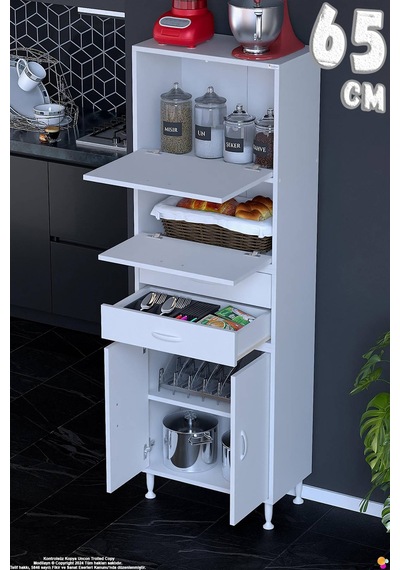 Nexa 65 Cm 2 Çekmece 4 Kapaklı Çok Amaçlı Mutfak, Bakliyat Ve Kahve Köşesi Banyo Dolabı 65x181x32 Cm Beyaz
