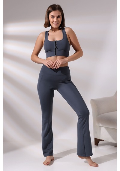 EMFURE Füme Fermuarlı Spor Büstiyer - Sports Bra / Crop Destekli Spor Sütyeni Füme
