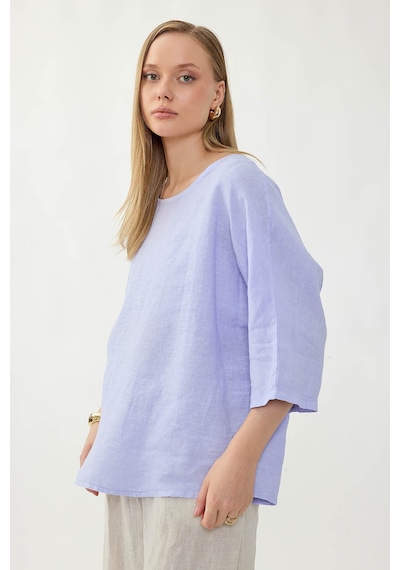 Vitrin %100 Keten Geniş Yaka Oversize Kısa Kol Bluz LİLA