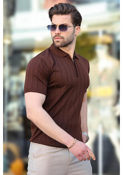 Madmext Madmext Kahverengi Polo Yaka Fermuarlı Erkek T-shirt E7298 Kahverengi