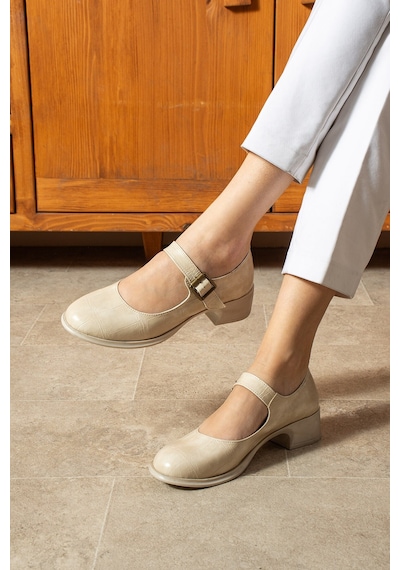 Dabab Shoes Clarıssa Kadın Bej Ortopedik 4 Cm Topuklu Tokalı Yuvarlak Burun Balerin Babet Klasik Ayakkabı