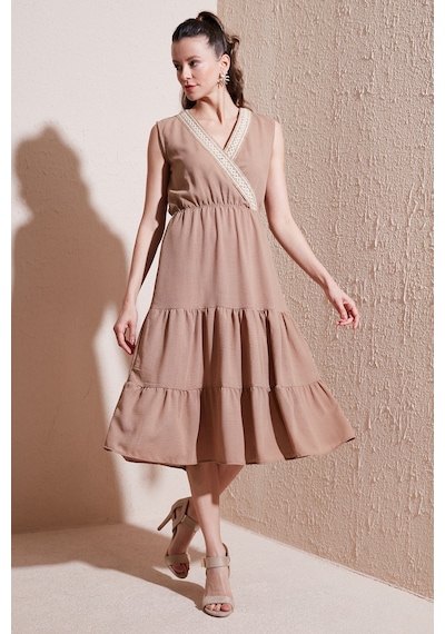Lela Regular Fit Kruvaze Yaka Midi Bayan Elbise 6118103 Camel